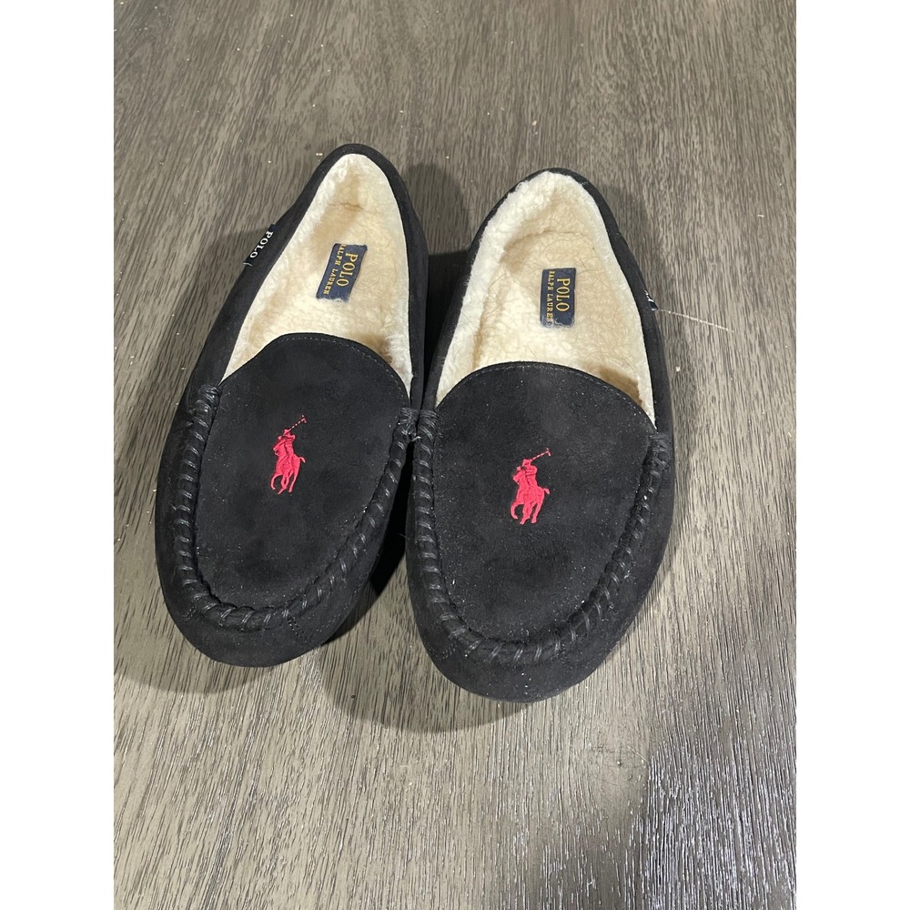 Polo Ralph Lauren Mens 11 Black Dezi IV Slippers Faux Fur Moccasin Pony Logo
